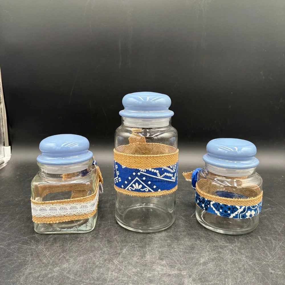 Rustic Farmhouse Glass Canister Set 3pc Burlap Blue Bandana Lace Decor Lids
